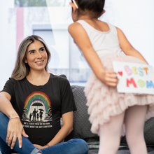 Load image into Gallery viewer, Conservatively Bold "We'll Teach Them" Cotton Crew Tee - front of tee shown with mom and daughter smiling as daughter holds a 'best mom' sign