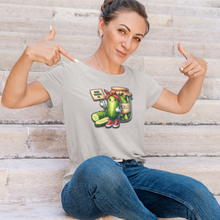 Load image into Gallery viewer, Dill_With_It_Women_s_Slim_Fit_Tee_by_VTown_Designs_Athetic_Heather_worn_by_a_woman_sitting_on_steps_pointing_at_her_tee