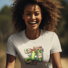 Load image into Gallery viewer, Dill_With_It_Women_s_Slim_Fit_Tee_by_VTown_Designs_in_soft_cream_on_a_model_riding_a_bike