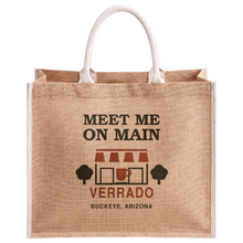 Load image into Gallery viewer, Meet_Me_on_Main__Verrado_Jute_Tote_Bag_Main_Mockup.png_16434187
