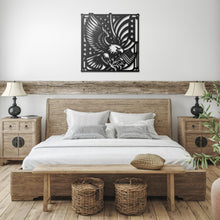 Load image into Gallery viewer, Patriotic American Eagle Metal Sign - Durable, Elegant Home Decor mounted above a bed indoors