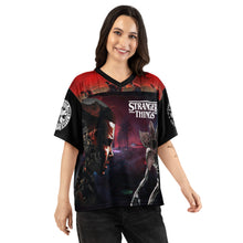 Load image into Gallery viewer, Stranger Things Demogorgon Boxy Football Jersey on Female Model (FRONT)