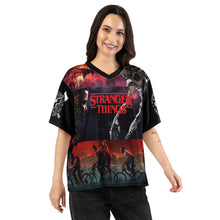 Load image into Gallery viewer, Stranger Things Vecna Boxy Football Jersey on female model (FRONT)