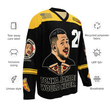 Load image into Gallery viewer, Tonka Jahari “Would Never” Recycled Hockey Fan Jersey – Limited Edition