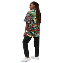 Load image into Gallery viewer, Samurai Summer Shirt: Unisex Button-Up with Epic Japanese Art, back of shirt, on female model