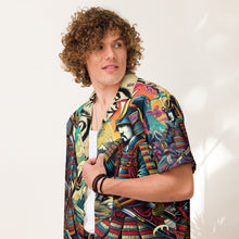 Load image into Gallery viewer, Samurai Summer Shirt: Unisex Button-Up with Epic Japanese Art - Front of shirt. open, on male model