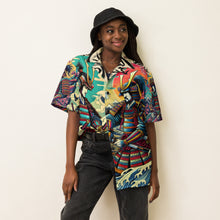 Load image into Gallery viewer, Samurai Summer Shirt: Unisex Button-Up with Epic Japanese Art - Front of shirt, on female model