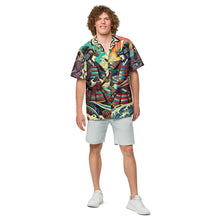 Load image into Gallery viewer, Samurai Summer Shirt: Unisex Button-Up with Epic Japanese Art - Front of Shirt, on a male model