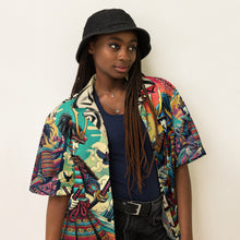 Load image into Gallery viewer, Samurai Summer Shirt: Unisex Button-Up with Epic Japanese Art, close-up. on female model