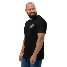 Load image into Gallery viewer, Funny "Who Raised You?" T-Shirt – Black, Fitted, Bold Fit | On Male Model | Side of Tee