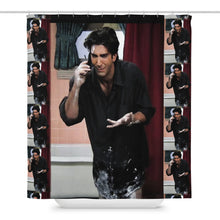 Load image into Gallery viewer, Shower curtain with a collage of a man in a black shirt on a phone call, surrounded by smaller images.