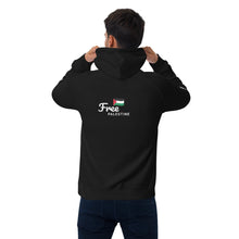 Load image into Gallery viewer, Person wearing a black hoodie with 'Free Palestine' text and flag on the back, on a white background
