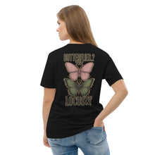 Load image into Gallery viewer, Connor Tomlinson Tee – 'Butterflies..? Try Locusts' Love on the Spectrum Fan Favorite | Black | back of Tee on female model 1