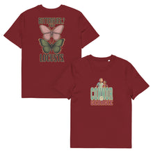Load image into Gallery viewer, Connor Tomlinson Tee – 'Butterflies..? Try Locusts' Love on the Spectrum Fan Favorite | Burgundy | Front & back of Tee