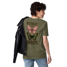 Load image into Gallery viewer, Connor Tomlinson Tee – 'Butterflies..? Try Locusts' Love on the Spectrum Fan Favorite | Khaki | Back of Tee on female model 3