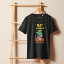 Load image into Gallery viewer, Chicken Jockey T-Shirt – Pixel Brawl Tee for Minecraft Fans - front of tee hanging on wooden hanger and wooden ladder