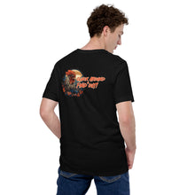 Load image into Gallery viewer, Cluck-around-and-find-out-by-vtowndesigns-dot-com-unisex-staple-t-shirt-black-back-model-4
