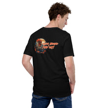 Load image into Gallery viewer, Cluck-around-and-find-out-by-vtowndesigns-dot-com-unisex-staple-t-shirt-black-back-model-4