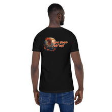 Load image into Gallery viewer, Cluck-around-and-find-out-by-vtowndesigns-dot-com-unisex-staple-t-shirt-black-back- Model-5