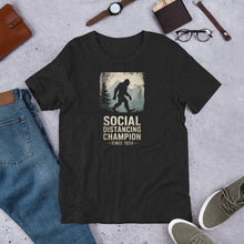 Load image into Gallery viewer, Bigfoot "Social Distancing Champion" T-Shirt – Unisex, Black - lay flat 2