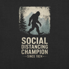 Load image into Gallery viewer, Bigfoot "Social Distancing Champion" T-Shirt – Unisex, Black - close-up of front graphic