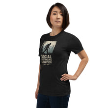 Load image into Gallery viewer, Bigfoot "Social Distancing Champion" T-Shirt – Unisex, Black on female model 3