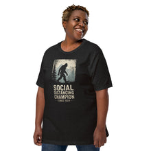 Load image into Gallery viewer, Bigfoot "Social Distancing Champion" T-Shirt – Unisex, Black on female model 4