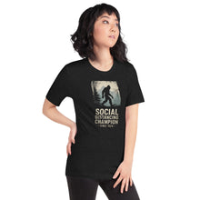 Load image into Gallery viewer, Bigfoot "Social Distancing Champion" T-Shirt – Unisex, Black on female model 1