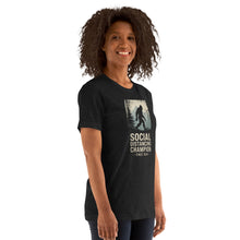 Load image into Gallery viewer, Bigfoot "Social Distancing Champion" T-Shirt – Unisex, Black on female model 2