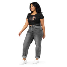 Load image into Gallery viewer, Retro Revelations Women’s Crop Tee | Conspiracy Theorist Design in black on a model wearing black denim jeans