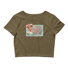 Load image into Gallery viewer, Retro Revelations Women’s Crop Tee | "I Don't F*ck with Artificial Colors or Flavors or Trust the Government" Olive Crop Top Front view laying flat