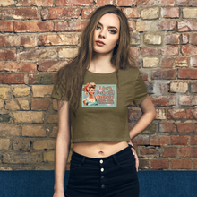Load image into Gallery viewer, Retro Revelations Women’s Crop Tee | &quot;I Don&#39;t F*ck with Artificial Colors or Flavors or Trust the Government&quot; Olive Crop Top Front view on female model
