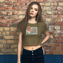 Load image into Gallery viewer, Retro Revelations Women’s Crop Tee | "I Don't F*ck with Artificial Colors or Flavors or Trust the Government" Olive Crop Top Front view on female model