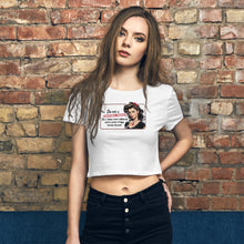 Load image into Gallery viewer, Retro Revelations Women’s Crop Tee | Conspiracy Theorist Design in white on young model front view
