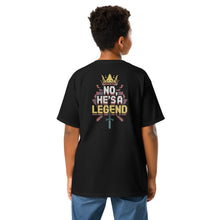 Load image into Gallery viewer, Technoblade Tribute Tee – “No, He’s a Legend” Youth Shirt - Back of Tee on male model
