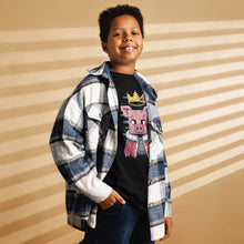 Load image into Gallery viewer, Technoblade Tribute Tee – “No, He’s a Legend” Youth Shirt - Front of Tee - layered with a flannel - on a male model