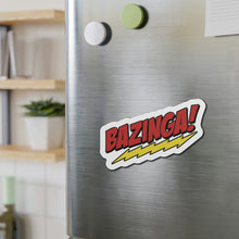 Load image into Gallery viewer, Bazinga! 5x5 Large Magnet for fans of The Big Bang Theory TV Show on metal fridge in kitchen