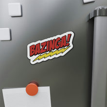 Load image into Gallery viewer, Bazinga! 5x5 Large Magnet for fans of The Big Bang Theory TV Show on metal fridge in the office