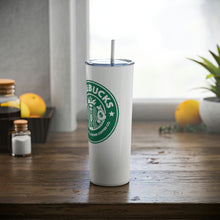 Load image into Gallery viewer, A Savebucks Skinny Steel Tumbler sitting on a wood table.