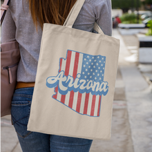Load image into Gallery viewer, arizona-stars-and-stripes-tote-bag-woman-back
