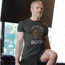 Load image into Gallery viewer, results-excuses-pump-cover-t-shirt-man-lunging