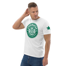 Load image into Gallery viewer, Savebucks-make-coffee-at-home-coffee-co-white-t-shirt-pose-1