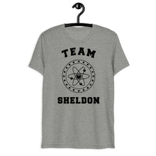 Load image into Gallery viewer, Team Sheldon Bazinga T-Shirt for Fans of The Big Bang Theory Gray on a Hanger