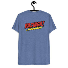 Load image into Gallery viewer, Team Sheldon Bazinga T-Shirt for Fans of The Big Bang Theory blue rear on a hanger