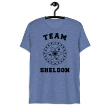Load image into Gallery viewer, Team Sheldon Bazinga T-Shirt for Fans of The Big Bang Theory Blue on a hanger