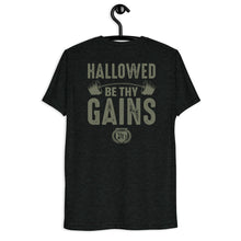 Load image into Gallery viewer, Hallowed Be Thy Gains Pump Cover T-Shirt for Gymrats The Christian American Youth Pastor on hanger back view