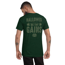 Load image into Gallery viewer, Hallowed Be Thy Gains Pump Cover T-Shirt for Gymrats The Catholic Priest Emerald Green T-Shirt Worn by young fit man back view