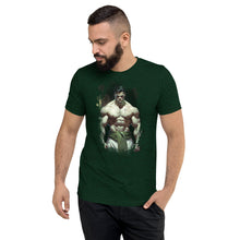 Load image into Gallery viewer, Hallowed Be Thy Gains Pump Cover T-Shirt for Gymrats The Catholic Priest Emerald Green T-Shirt Worn by young fit man front view