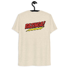 Load image into Gallery viewer, Team Sheldon Bazinga T-Shirt for Fans of The Big Bang Theory Back View Bazinga on a hanger