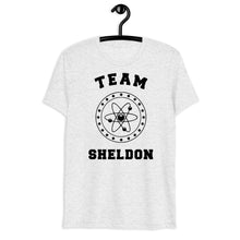 Load image into Gallery viewer, Team Sheldon Bazinga T-Shirt for Fans of The Big Bang Theory White front on a hanger